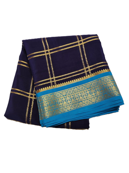 Pure Mysore Silk Saree (120 GSM) - SR-PSMP1-Dark blue with sky blue