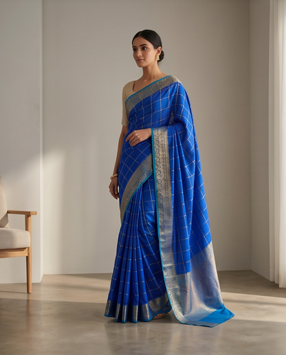 Classic Checkered Silk Saree with Grand Zari Border-blue with sky blue (SR-PSMP37)