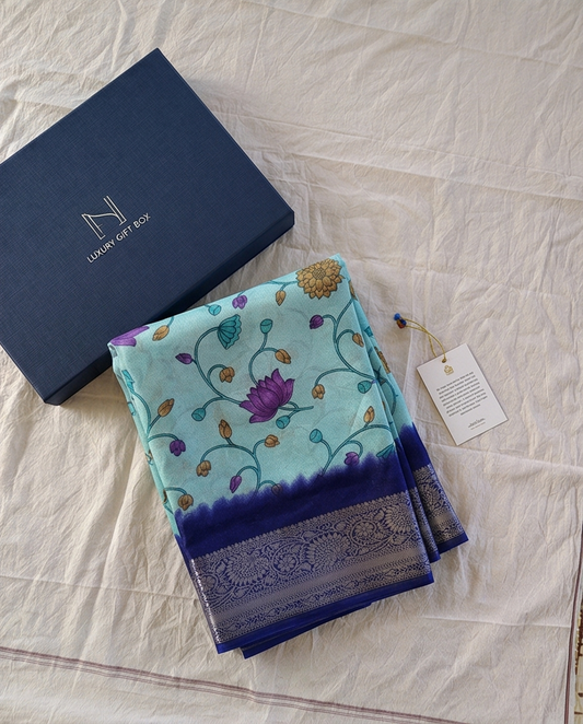 Sky-blue with Blue Floral Design Synthetic Border Saree (SR-SP19)