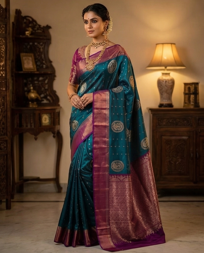 Teal Kanchipuram Silk Saree with Silver Motifs & Contrasting Magenta Zari Border - SR-MSP12