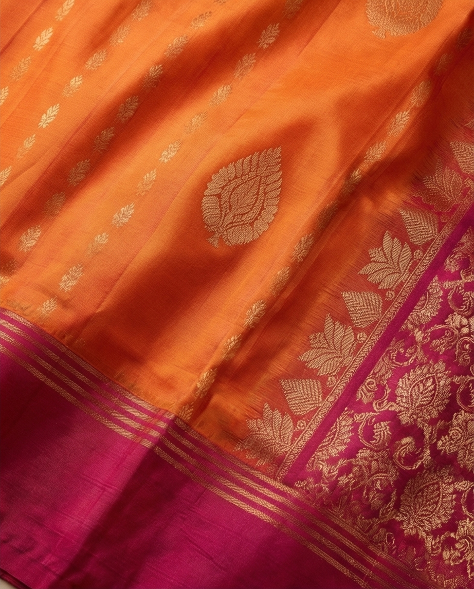 Orange Kanchipuram Silk Saree with Golden Zari Motifs & Contrasting Magenta Border - SR-MSP15