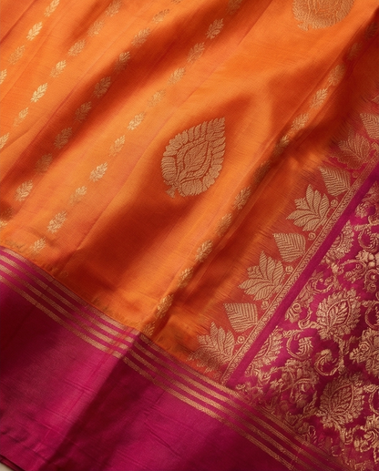 Orange Kanchipuram Silk Saree with Golden Zari Motifs & Contrasting Magenta Border - SR-MSP15