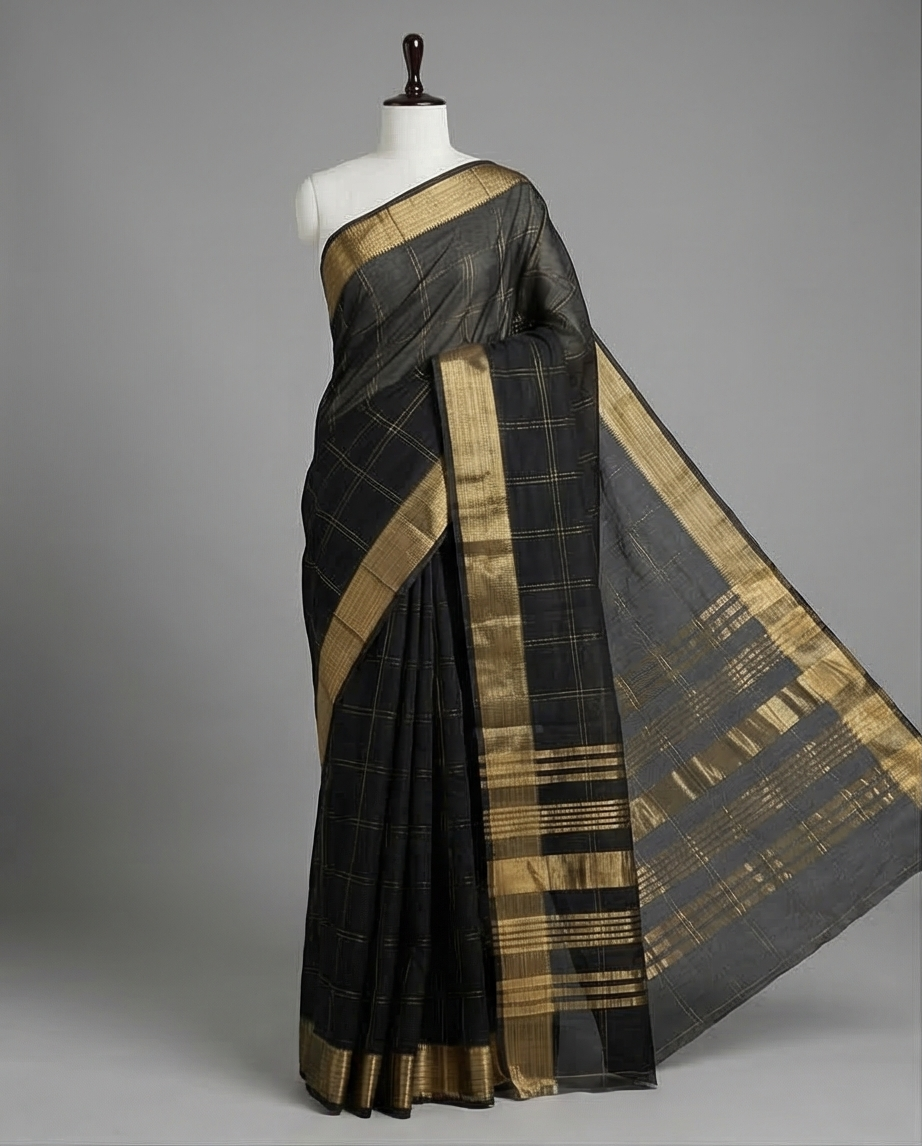 Soft Weave Saree – Golden Zari Border - SR-PSMP7-Black
