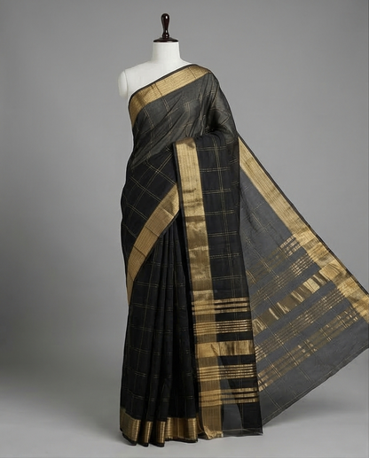 Soft Weave Saree – Golden Zari Border - SR-PSMP7-Black