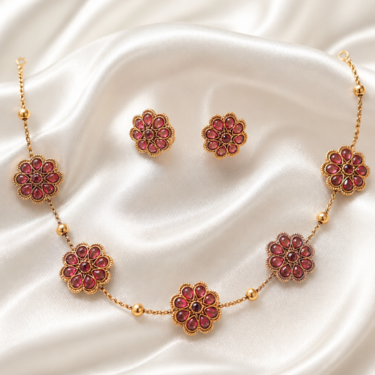 Emerald-Pink Daisy Set with Earrings (NRW-60)