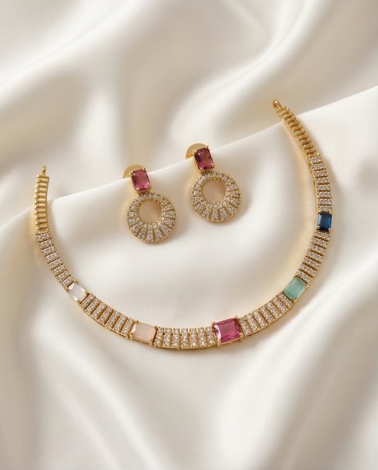 Multicolour with white stone Necklace with Earrings (NRW33)