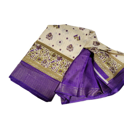 Soft Weave Saree – with Elephant Motifs - SR-PSMP61-Cream & Purple