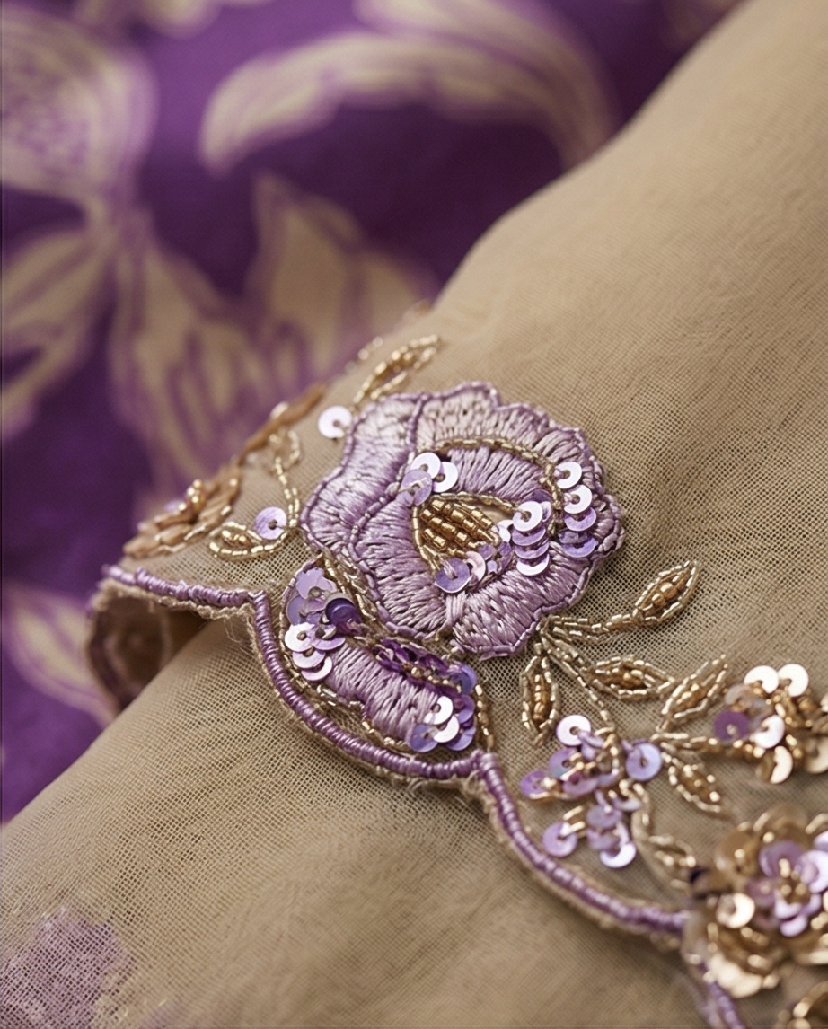 Beige Organza Saree with Purple Floral Brocade Blouse - SR-KP6