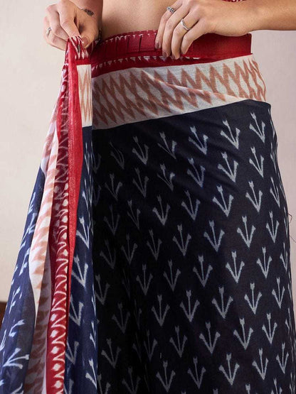 Dark Blue Mulmul Cotton Saree with White Block Print & Red - SR-KEP10