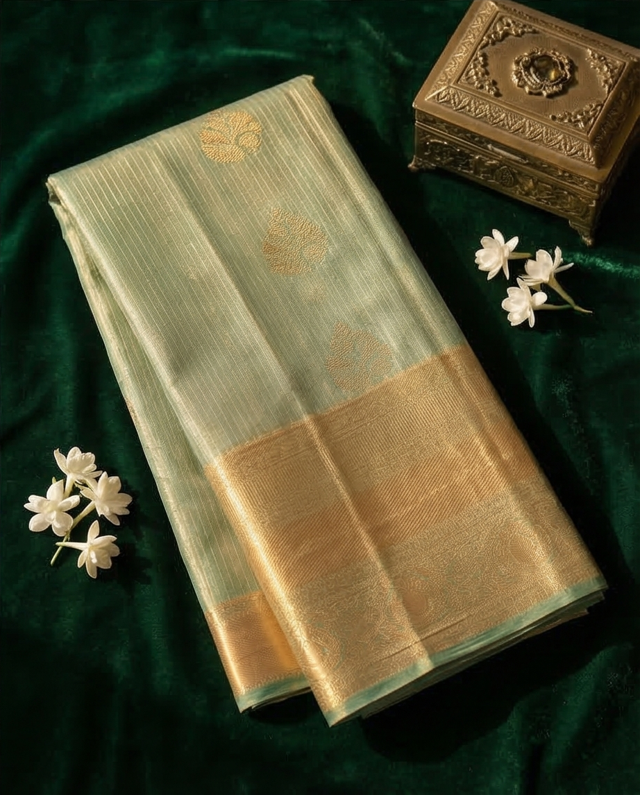 Mustard Gold Light Green Semi Kanjivaram Silk Saree with Gold Zari Border