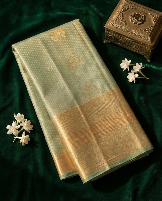 Mustard Gold Light Green Semi Kanjivaram Silk Saree with Gold Zari Border