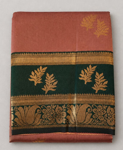Semi silk saree with leaf and floral motifs.saree -  rose/pinkish-brown body and a dark green border (SR-PSMP25)