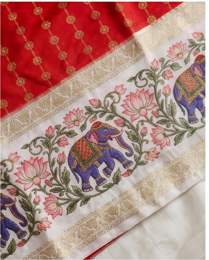 Premium Crepe silk with kalamkari border design-Red(SR-MSP34)