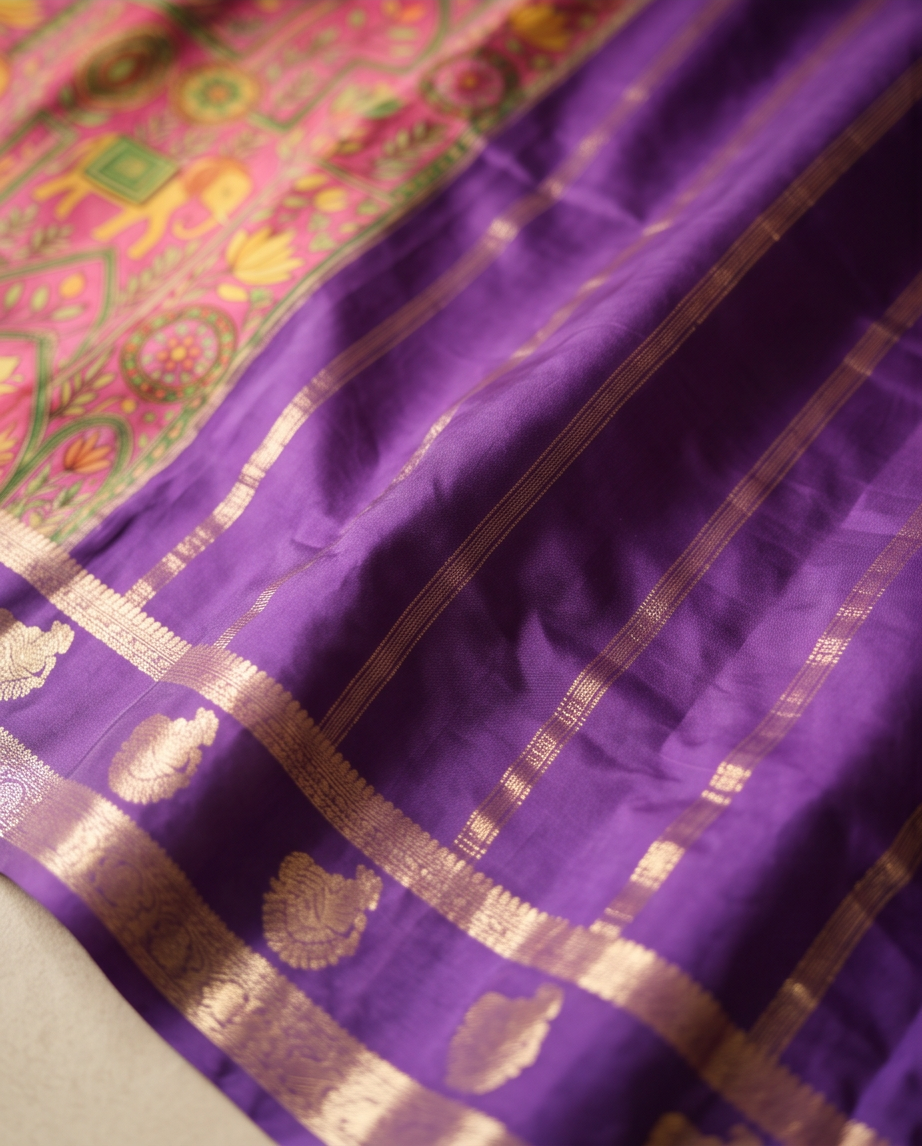 Kalamkari-Nandi design-Pink with Purple(SR-MSP18)