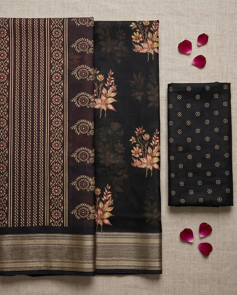 Black Floral Synthetic Saree (SR-SP15)