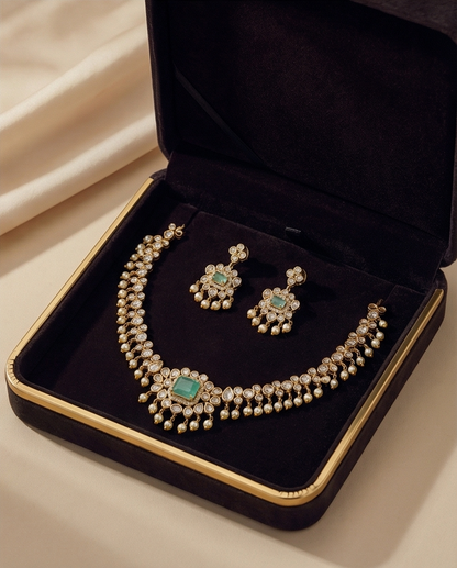 Vintage look white stone with pearl Necklace with Earrings (NRW24)