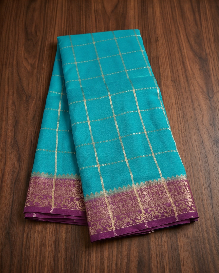 Classic Checkered Silk Saree with Grand Zari Border-Ramagreen with purple (SR-PSMP31)