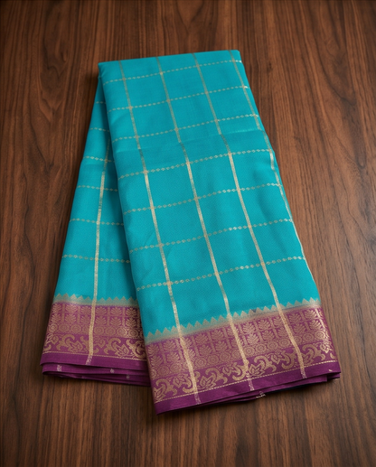 Classic Checkered Silk Saree with Grand Zari Border-Ramagreen with purple (SR-PSMP31)