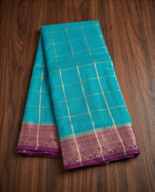 Classic Checkered Silk Saree with Grand Zari Border-Ramagreen with purple (SR-PSMP31)