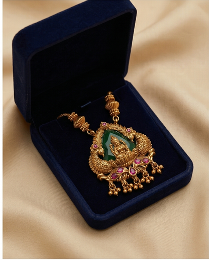 Emerald green stone Lakshmi with peacock pendant chain with Earrings (NRW26)