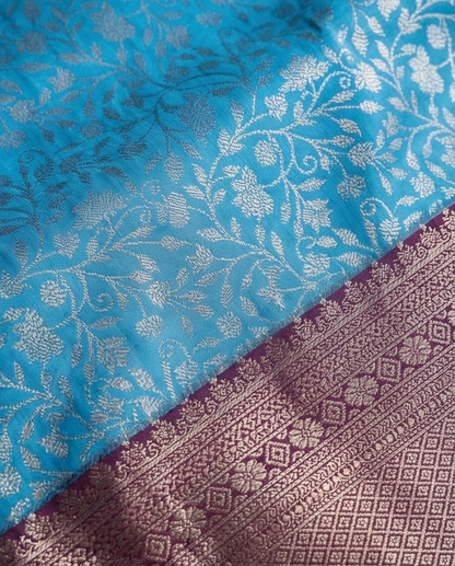 Blue Pure Kanchipuram Silk Saree with Silver Floral Brocade & Deep Purple Zari Border - SR-MSP32