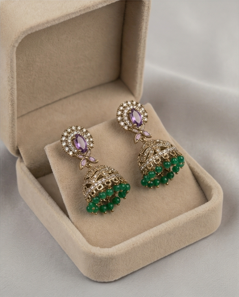 White stone with green crystal bead hanging Jumka (NRW7)