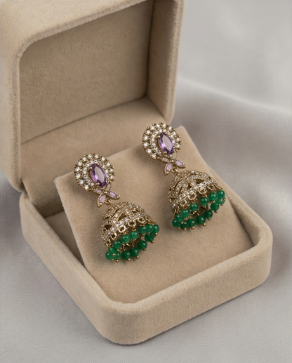 White stone with green crystal bead hanging Jumka (NRW7)