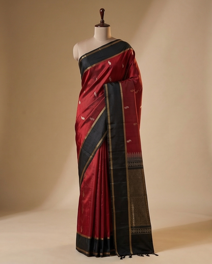 Pure Kanchipuram Silk Saree with Black Zari Border & Intricate Paisley Motifs (SR-MASP2)