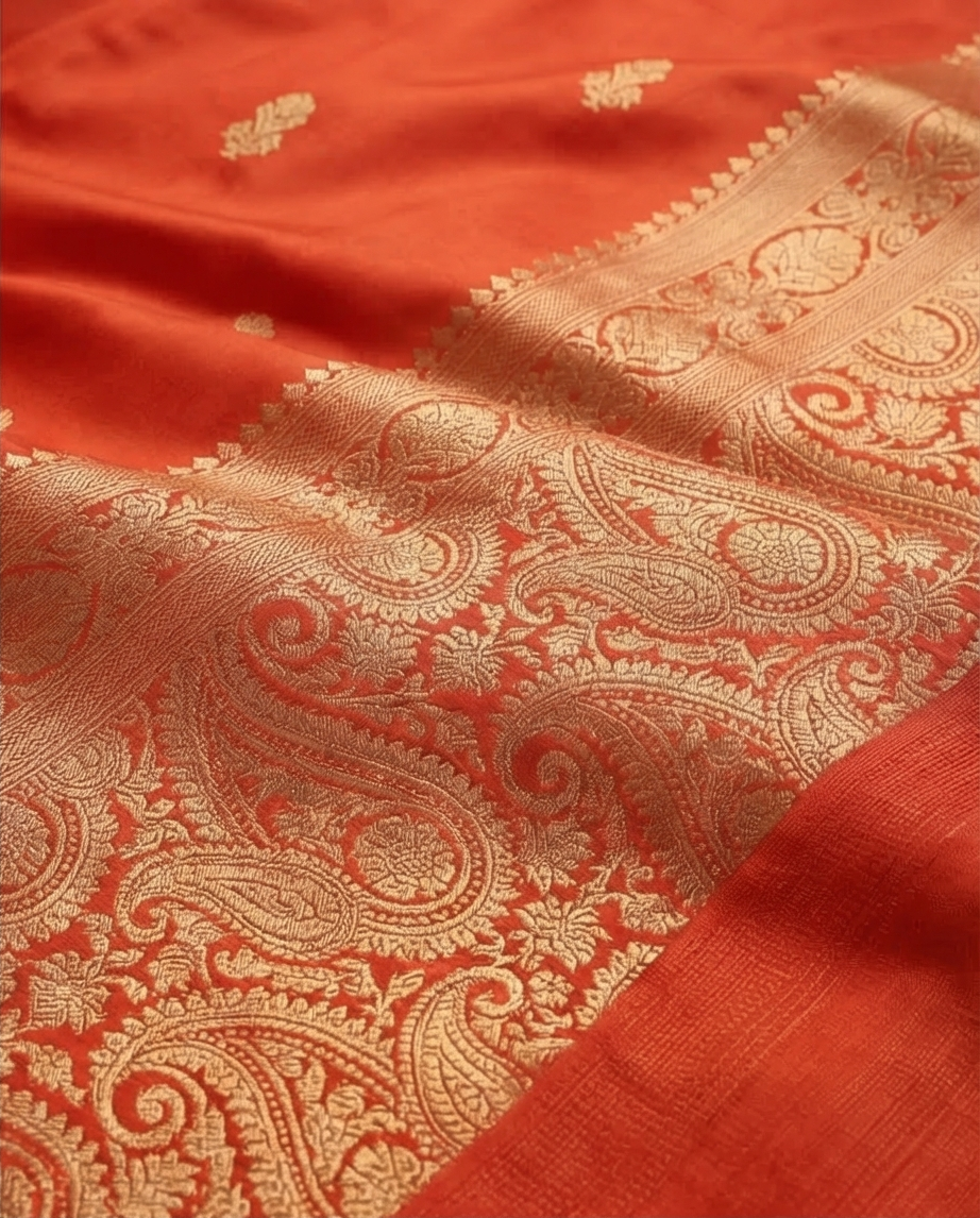 Gajji Silk - Rich golden zari border with intricate traditional patterns - SR-PSMP8-Orange