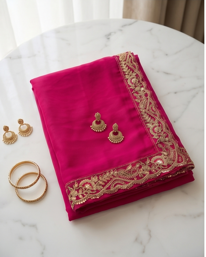 Pink Designer Saree with Net Embroidery Blouse Piece (SR-SP41)