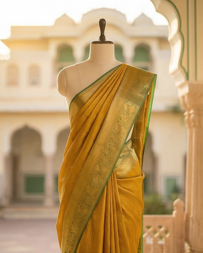 Mustard Yellow Semi Kanjivaram Silk Saree with Gold Zari Border