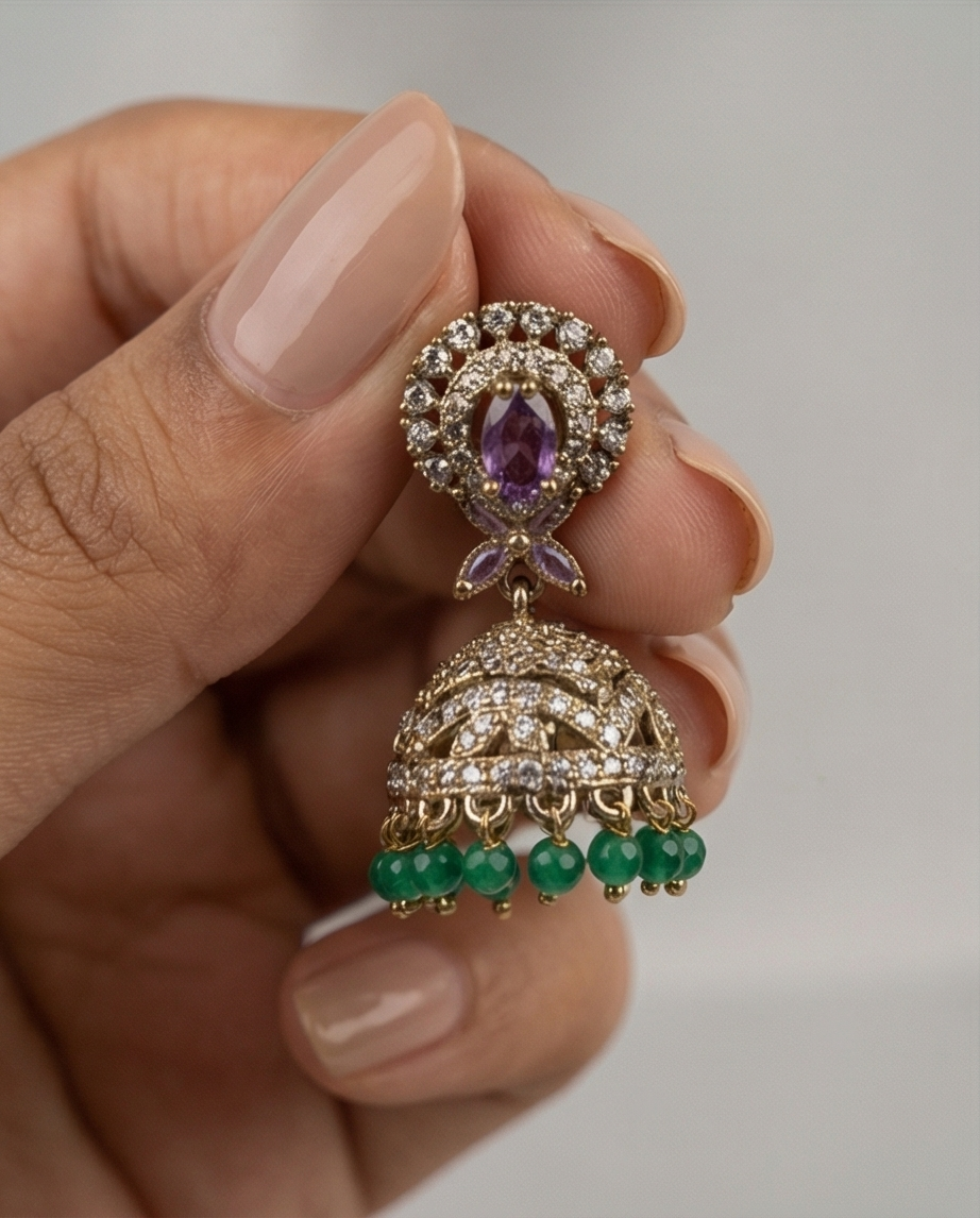 White stone with green crystal bead hanging Jumka (NRW7)