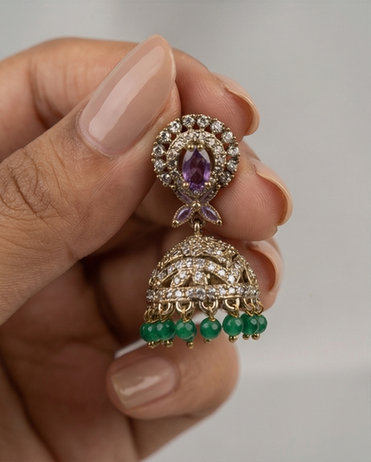 White stone with green crystal bead hanging Jumka (NRW7)