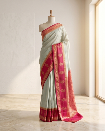 Mysore crepe flower pattern Sea Blue with pink(SR-MSP25)