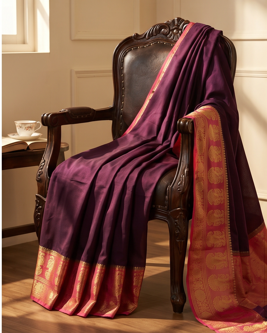 Mysore silk imitation crepe silk saree-Wine Red/maroon with Rani pink (SR-PSMP45)