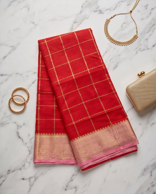 Classic Checkered Silk Saree with Grand Zari Border-Red with Pink (SR-PSMP33)