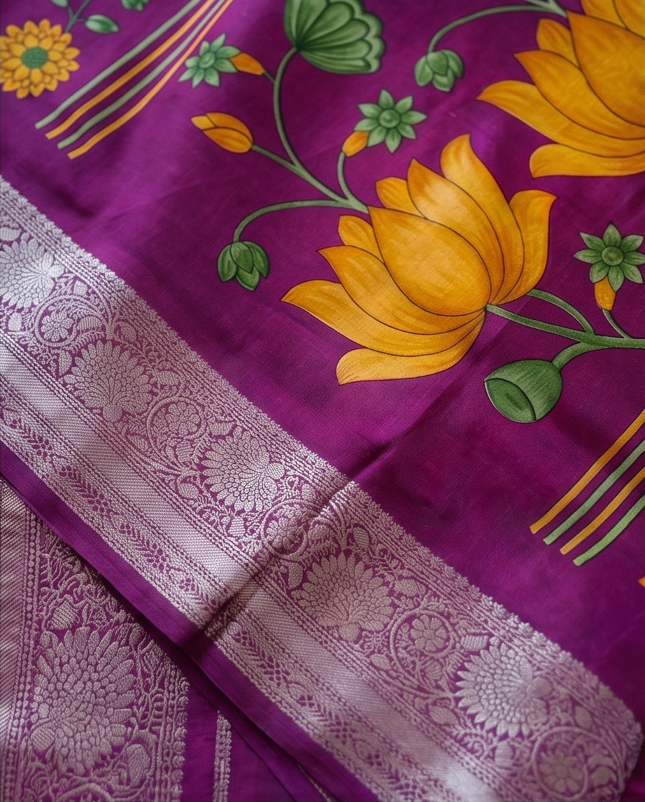 Beige with Dark Pink Floral Design Synthetic Saree (SR-SP33)