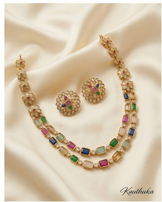 Navaratna double layer Necklace with Earrings (NRW36)