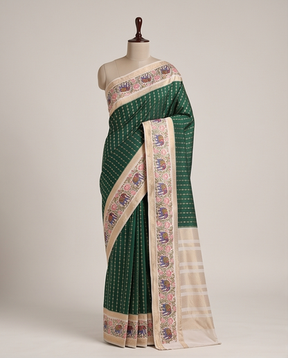 Premium Crepe silk with kalamkari border design-Green(SR-MSP30)