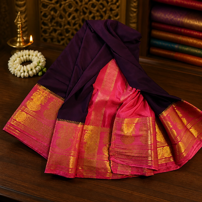 Mysore silk imitation crepe silk saree-Wine Red/maroon with Rani pink (SR-PSMP45)