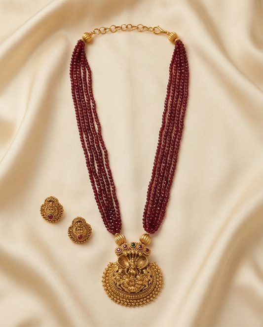 Lakshmi pendant with crystal bead Haram with Earrings-Red (NRW38-2)