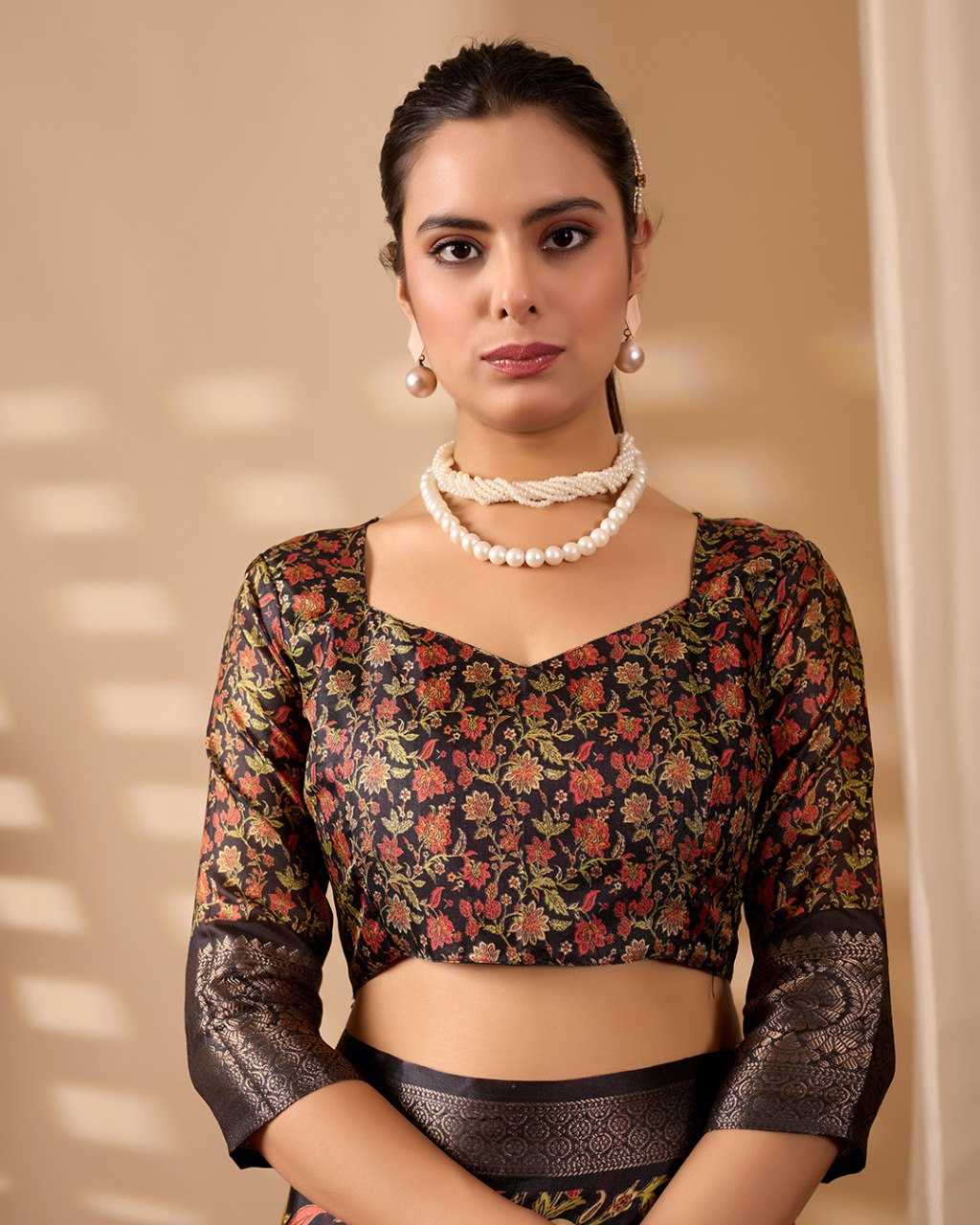 Black Lichi Silk Saree with Multicolour Floral Print & Dark Zari Border - SR-KEP13