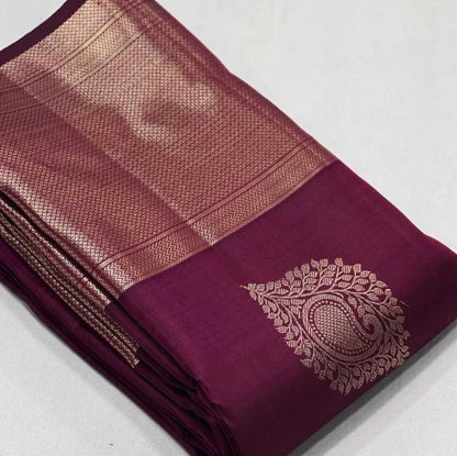 Deep Plum Banarasi Soft Silk Saree with Gold Zari Booti & Heavy Pallu - SR-KEP11