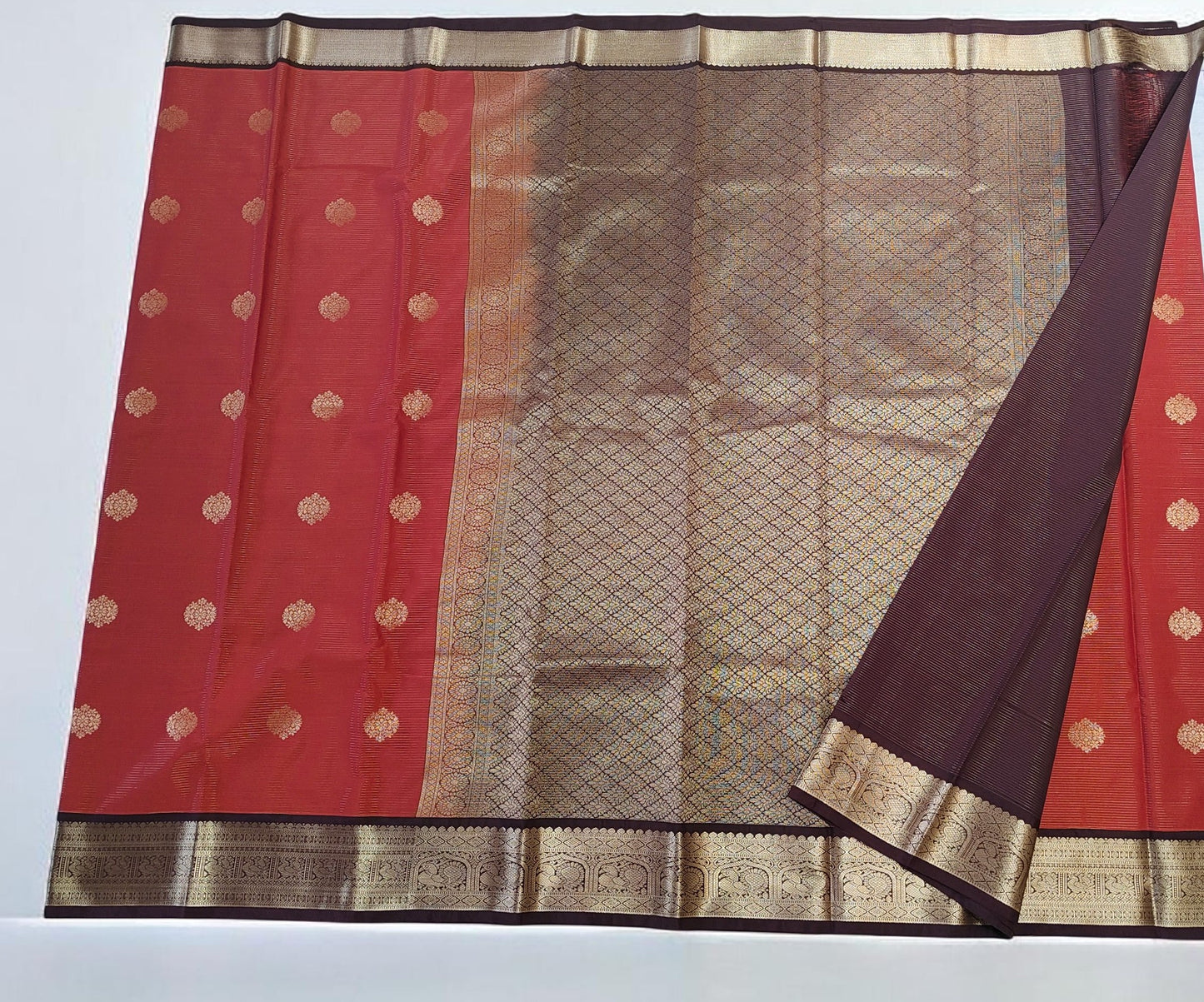 Orange Pure Kanchipuram Silk Saree with Intricate Golden Zari Motifs & Rich Traditional Border - SR-MSP42