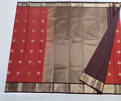 Orange Pure Kanchipuram Silk Saree with Intricate Golden Zari Motifs & Rich Traditional Border - SR-MSP42