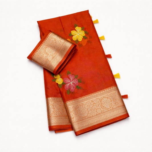 Organza Silk Saree with Multicolour Floral Embroidery & Gold Zari Border - SR-DFP3-Orange