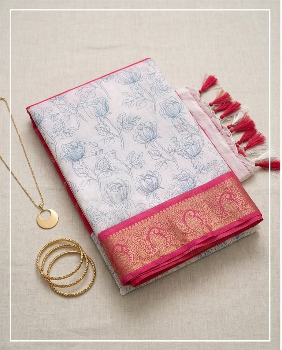 Pink and White Floral Synthetic Saree (SR-SP16)