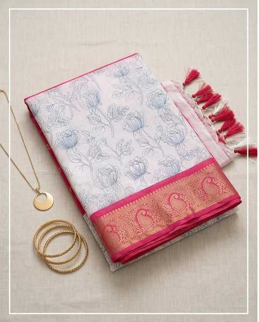 Pink and White Floral Synthetic Saree (SR-SP16)