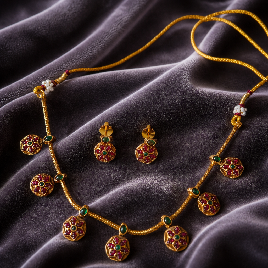 Round flower Pattern Necklace Multi colour with Earrings (NRW-51)
