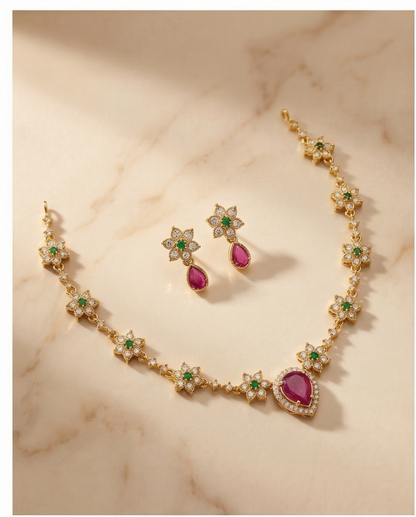 Flower and Drop stone Necklace with Earrings (NRW18)